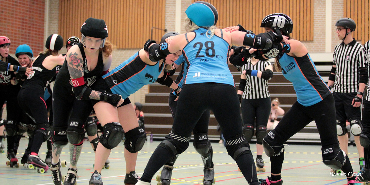 Roller Derby Twente skaters in action during a game